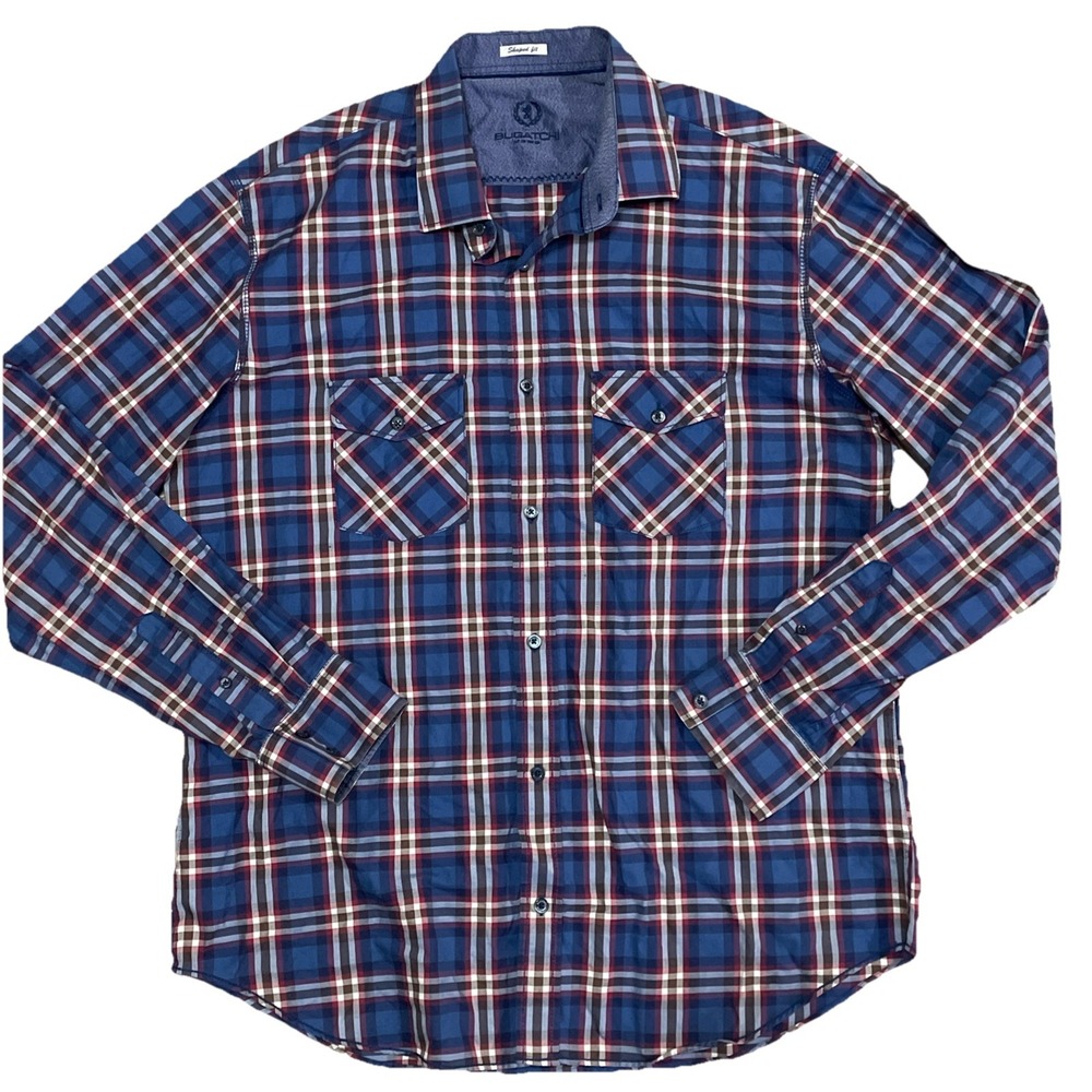 Bugatchi Uomo Shaped Fit Button Up XL Blue‎ Red Plaid Double Pocket Shirt